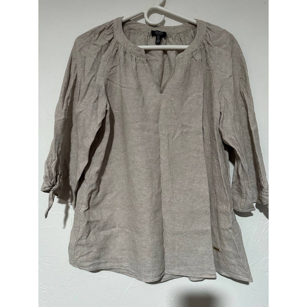 Jones New York Signature Linen Blend Blouse Beige Tie Sleeve Top Small